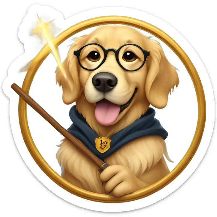 Golden retriever in hogwarts robes holding a wand in mouth wearing circular framed glasses sticker