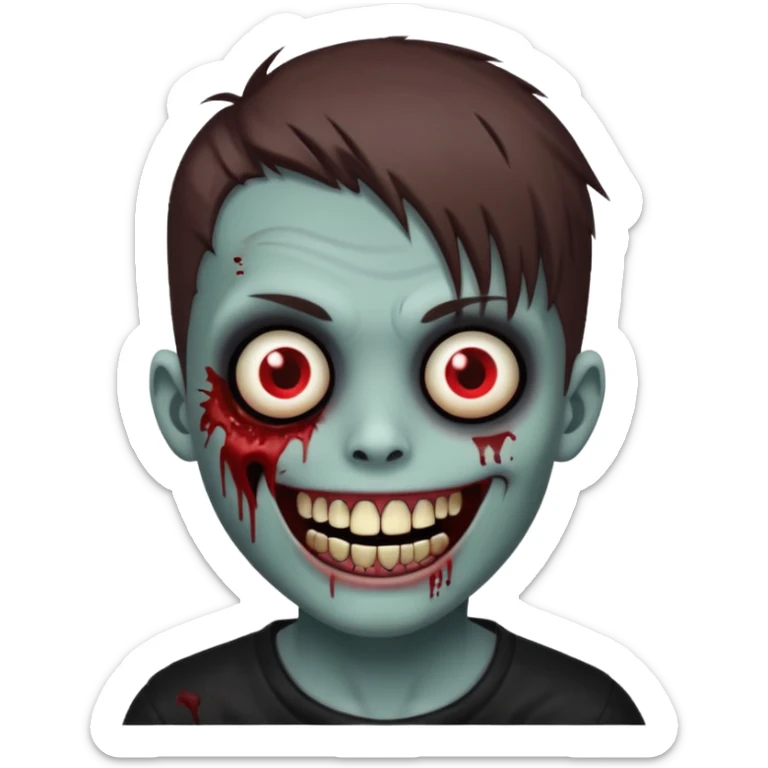 zombie boy with emo brown hair, white skin, and white eyes; an open smile, and bloodied teeth; sticker
