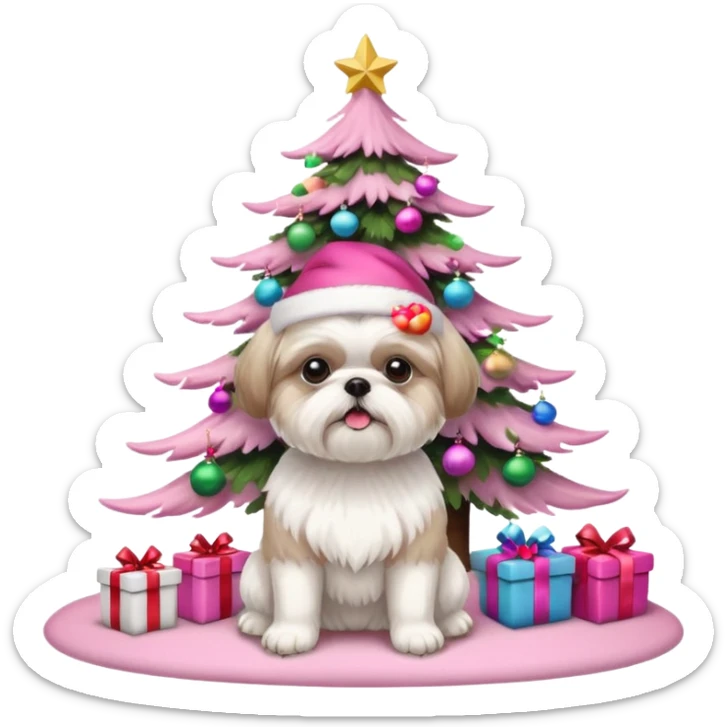 one little white all over shih tzu dog with pink santa hat with short hair sitting next to pink christmas tree sticker