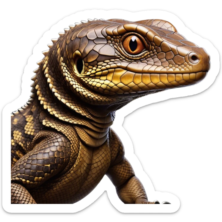 Cinematic Noble brown camo monitor Lizard Portrait Emoji, Poised and regal, with a robust, scaled body exhibiting striking, mottled patterns and piercing, alert eyes, Simplified yet sharp and sophisticated features, highly detailed, glowing with a soft, earthy glow, high shine, intelligent and formidable, stylized with an air of ancient wilderness, focused and commanding, soft glowing outline, capturing the essence of a watchful and confident reptilian guardian that appears ready to stride out of the screen with effortless authority! sticker