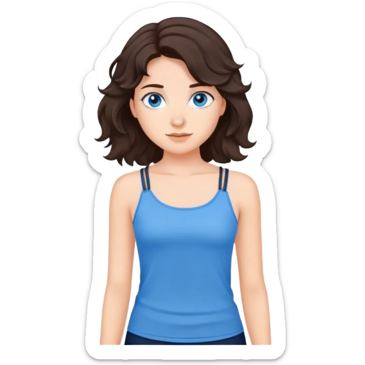 a girl with dark brown wavy hair, with gray-blue eyes, in a blue tank top with thin straps sticker