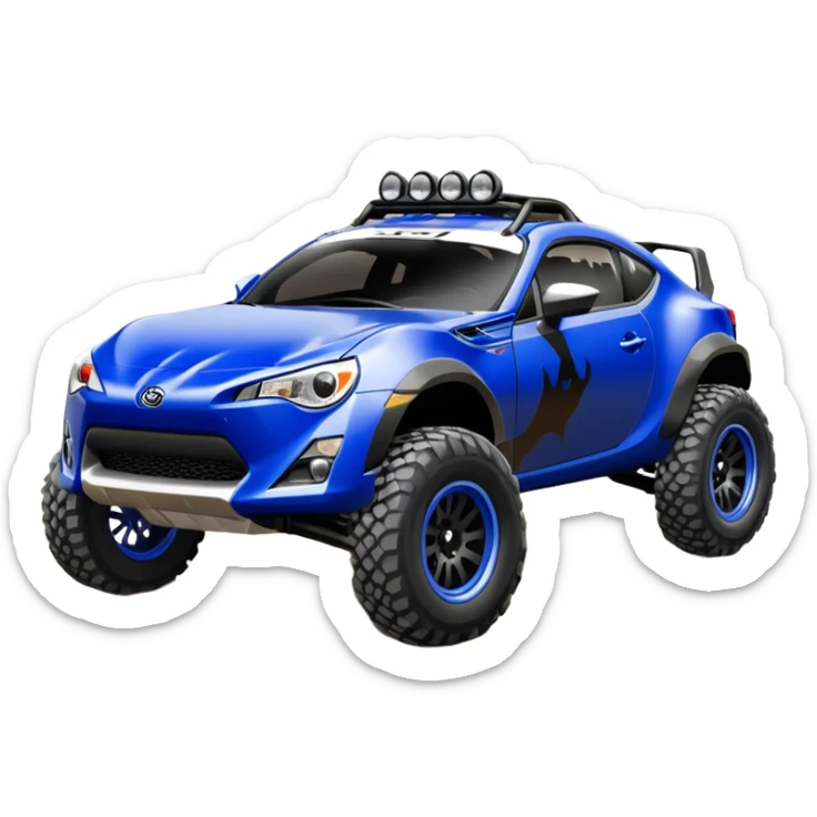 Armored Dirty raced redneck jacked 2013 scion fr-s ultramarine off road 4wd monster Baja dessert stadium rock racer number 86 with long travel suspension, shiny silver wheels, exaggerated wide black fender flares  sticker