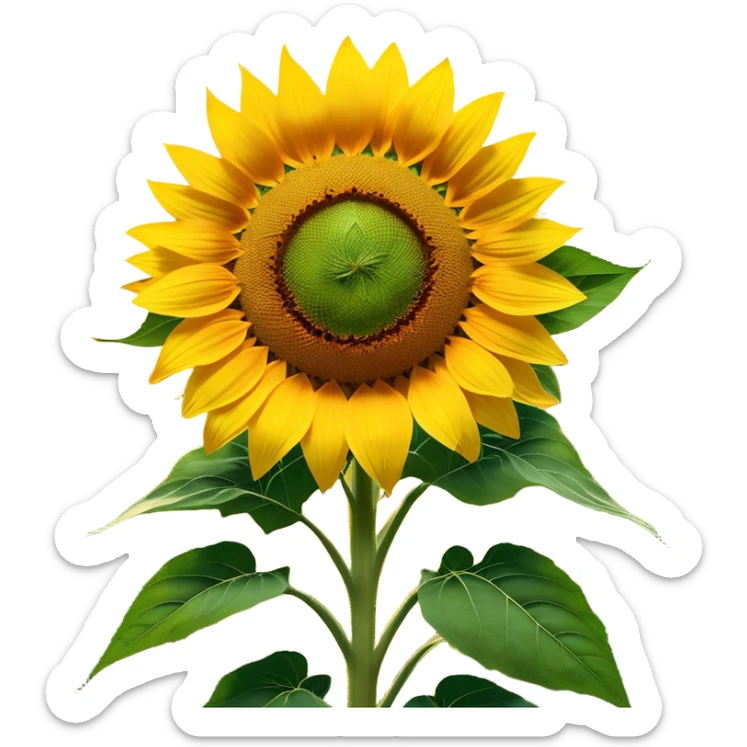 Cinematic Realistic Sunflower Emoji, Tall and bright, with a large, golden-yellow blossom facing the sun, its broad, textured petals surrounding a dark center. The sturdy green stalks and leaves frame the vibrant flower, while a gentle breeze causes the petals to sway. Soft glowing outline, capturing the essence of sunshine and warmth in a cheerful, towering sunflower! sticker