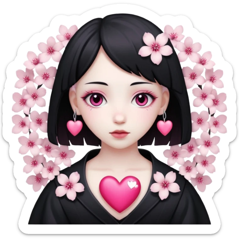 goth sakura heart, heart made of white sakura petals with pink accents sticker