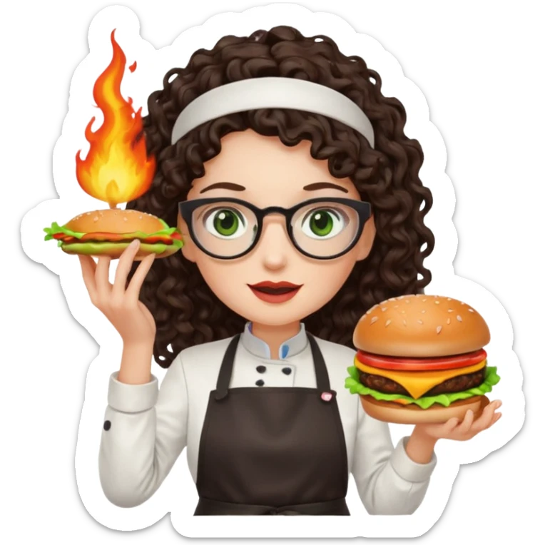 A female chef with glasses, dark brown long curly hair, White skin,Green eyes and setimg a burger on fire sticker