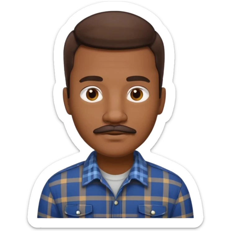 Black man with short brown hair, mustache, wearing a plaid shirt, sophisticated style, software engineer sticker