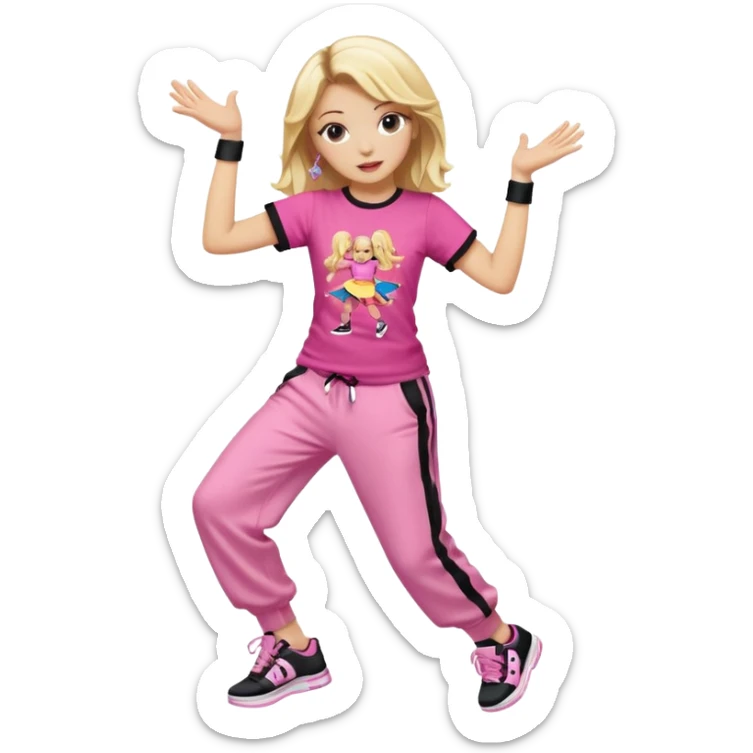 Hiphop dancer, with cute big pants, sneakers, and t-shirt. White girl blond. Coloufull shirt. No pocket pants. Dancing. No orange. Pink and black. No sweatband on the wrist, music box behind her sticker