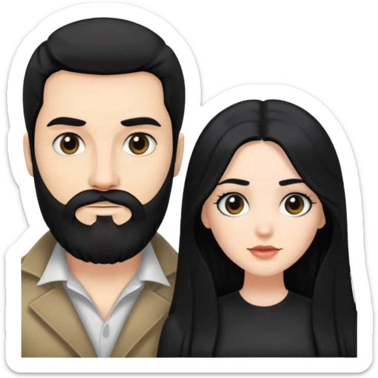 couple of newlyweds, white skin man with black hair and black beard; white skin woman with long black hair and black eyes sticker