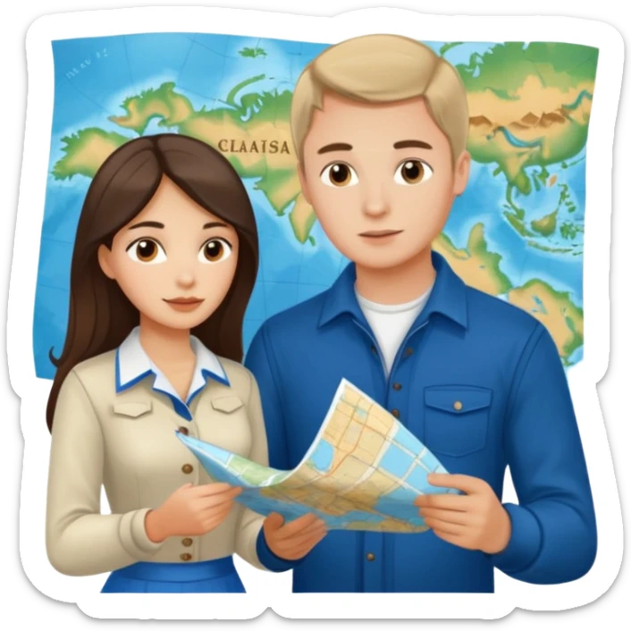 Russian young man and elegant fair-skinned Latina girl in costal outfits with a map planning  sticker