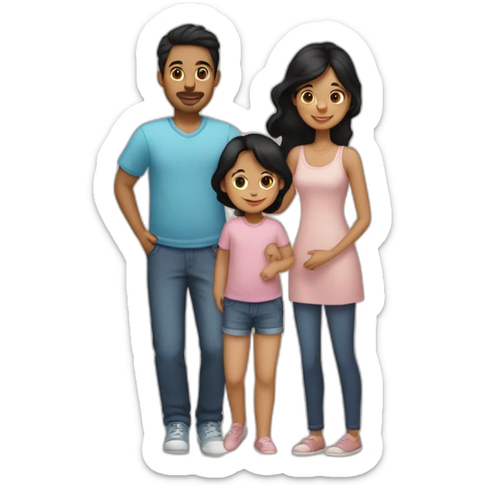 Family of three, woman with black hair, men with black hair, baby girl, 2 cats sticker