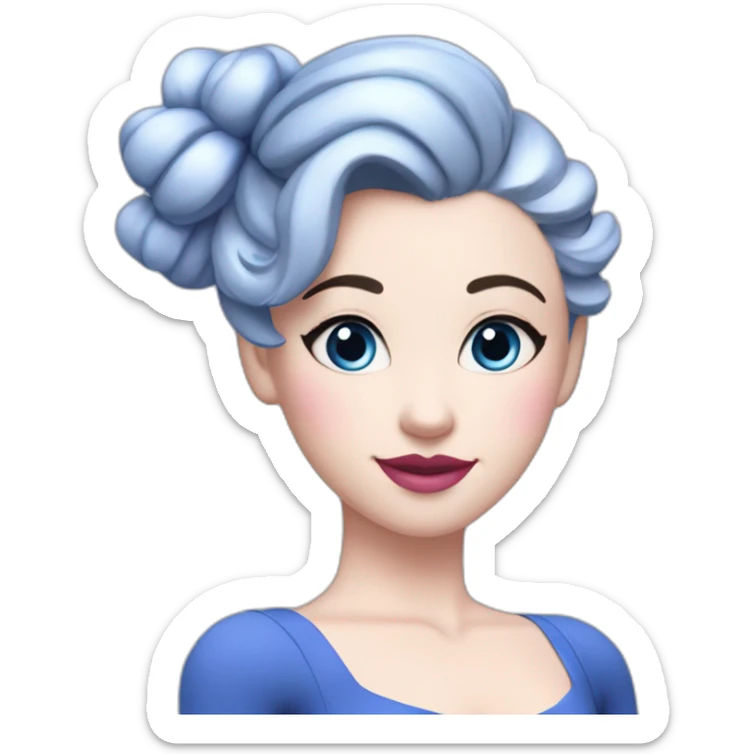 white pale woman, dark blue hair with a bun, rosy pink cheeks, closed eyes with blue mascara, pink lips, blue leotard, ballora, ballerina sticker