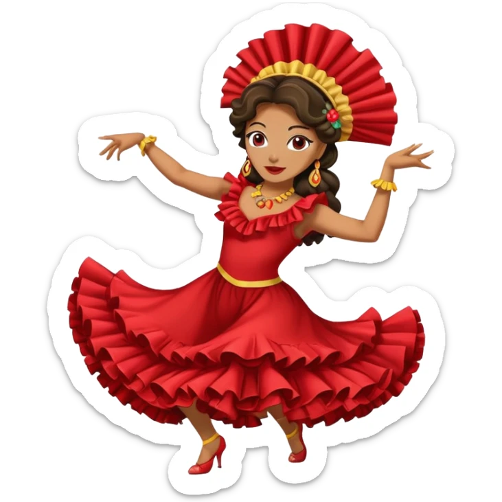 Female Colombian salsa dancer with ruffle dress, traditional Colombian headpiece, mid-dance move sticker