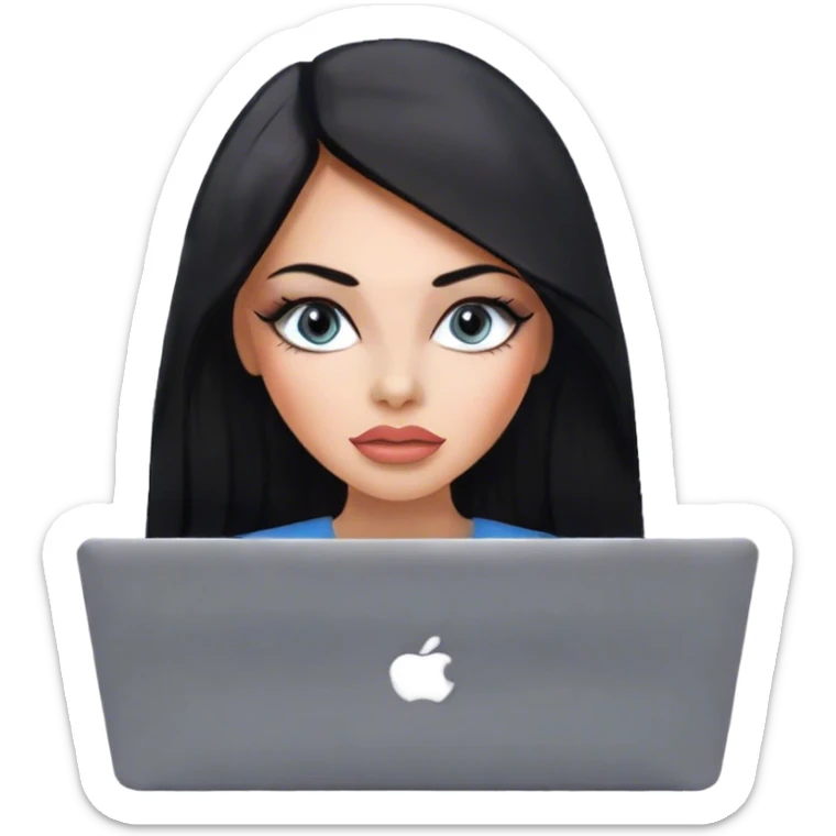 Glamours, tanned, very beautiful girl, with big pump peach-beige-rose lips, eyeliner, long long lashes, black straight smooth silky long hair, straight parting hair, blue-grey eyes with macbook sticker