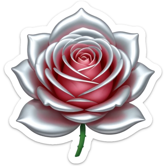 A rose emoji made of liquid silver metal, smooth metallic petals, reflective chrome surface, soft gradients, elegant shape, minimalistic iOS emoji style, centered, clean white background, realistic highlights, no text sticker