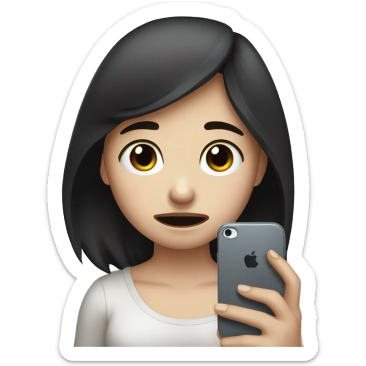 A girl with white skin and dark hair is crying, tears, holding her phone in her hand and pressing her finger on it and looking into it   sticker