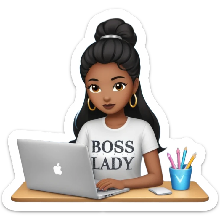black pretty girl working hard with sparkles on laptop "boss lady" spelled out on shirt sticker