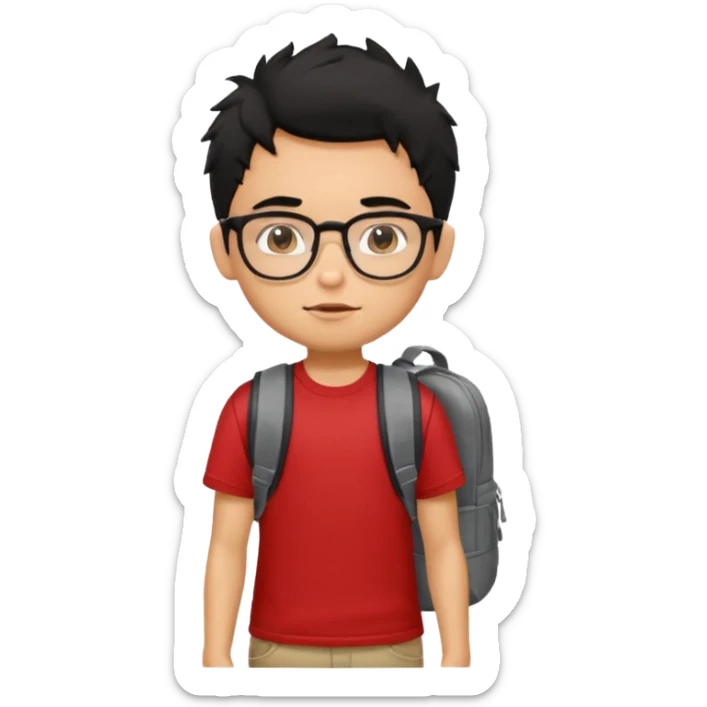 generate a pretty tan bratz boy with glasses and a backpack. black messy hair. wearing a red tshirt. sticker