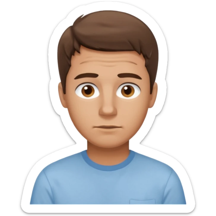 create an emoji of a young man, oval face. No wrinkles. he has an American look, very messy brown hair, brown eyes, very slightly tanned skin, natural lips. he wears a short sleeve light blue shirt sticker