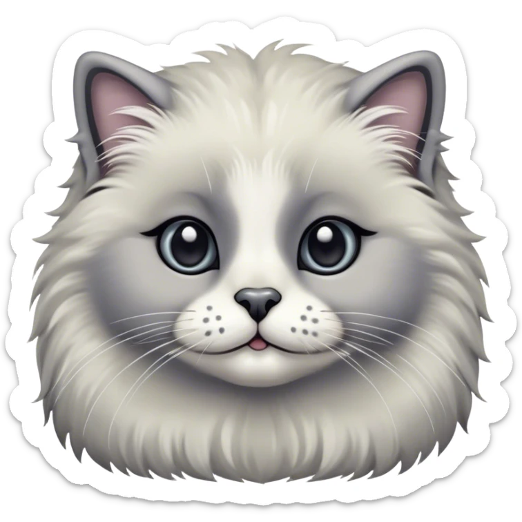 Cinematic Adorable Fluffy Grey Seal Ragdoll Cat Portrait Emoji, Head tilted cutely with big, sparkling eyes, soft grey fur with darker seal points on the ears, face, and paws, Simplified yet irresistibly adorable features, highly detailed, glowing with a soft, warm glow, high shine, affectionate and playful, stylized with a touch of whimsy, bright and endearing, soft glowing outline, capturing the essence of a curious and loving kitten, so cute it feels like it could leap out of the screen and snuggle up for a cuddle! sticker