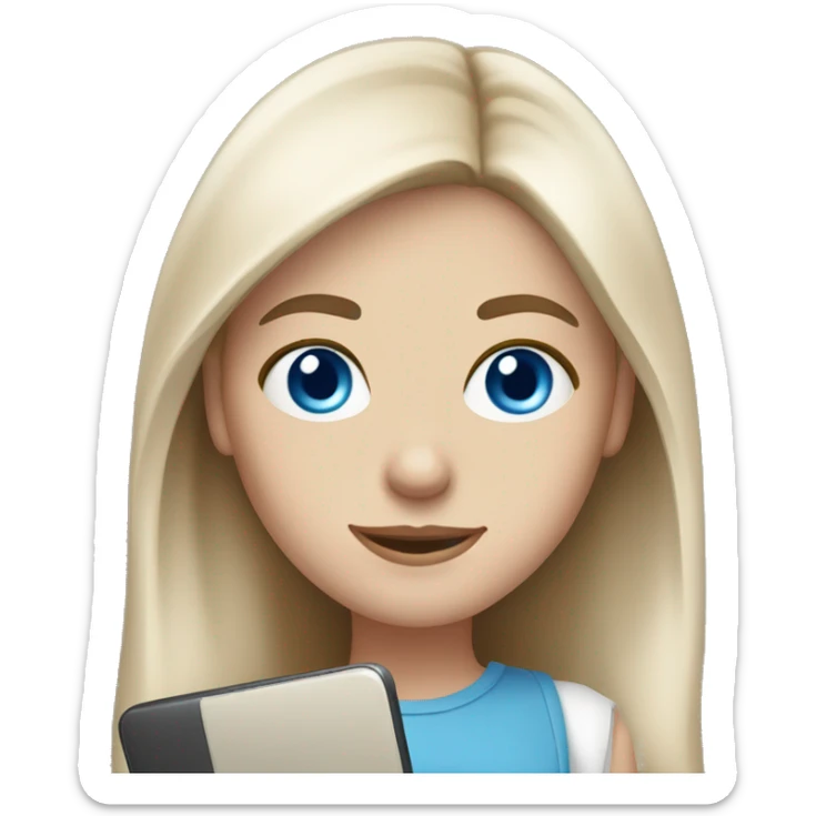 caucasian white IT girl student, holding laptop, blue eyes, brown hair sticker