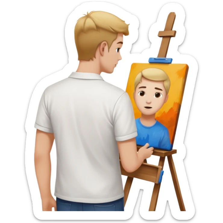 the white artist stands with his back to the painting, painting a portrait sticker