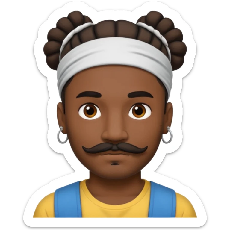 bun hair man and mustache and face tattoos very heavy and headband sticker