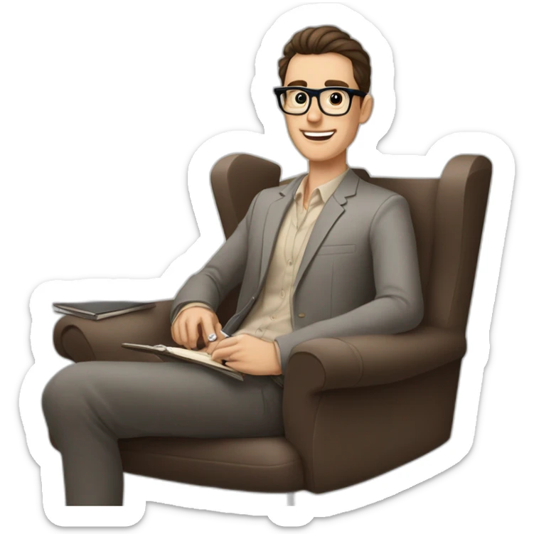 Pale skinned Fit Man With dark brown hair in gray jacket, beige office shirt, Brown pants and vintage glasses sitting In a soft chair with a notebook on spring with emblem Ψ and a pen sticker