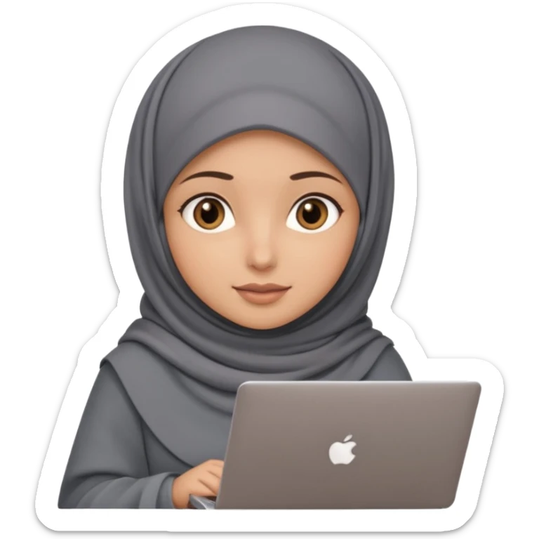 A girl wearing a gray hijab and with hazel eyes is carrying a laptop, not a laptop, just a regular laptop. sticker