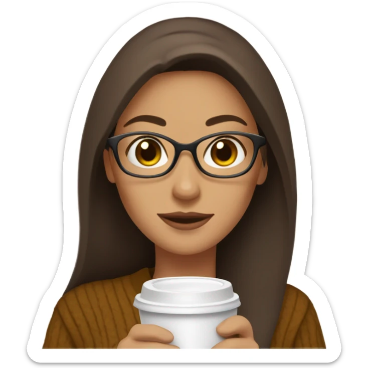 brown long hair brown women sweater brown eyes and small glasses holding coffee sticker