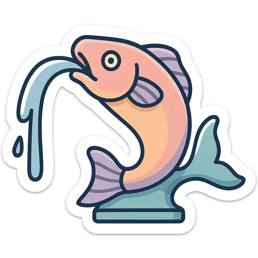 slim elongated fountain in the shape of a stretched fish with a water stream flowing from its mouth, eastern style, detailed drawing with shadows and highlights, thin clean contours, soft rounded shapes, pastel palette #98B5BC, #B5B3C1, #C9A3C9, #E4C0CA, #F7DCD1, #F7C0AA, modern Japanese pop art and sticker aesthetics, soft lighting, transparent background, no base or stand sticker