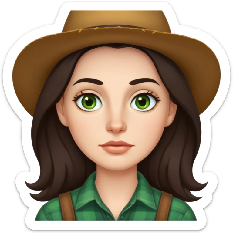 Me  a white woman with long dark brown hair green eyes and thin top lip and big bottom lip and a mole on my left side of my chin very thin eyebrows with a scar on the right eyebrow and a farmer sticker