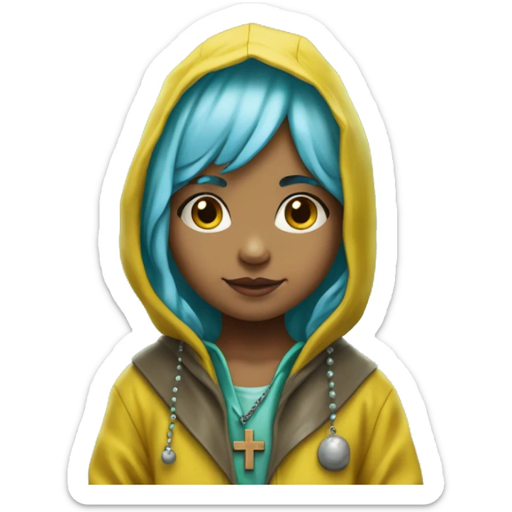 Cute little girl with light blue hair wearing a yellow raincoat hood up with rosary with a cross and green muddy boots sticker