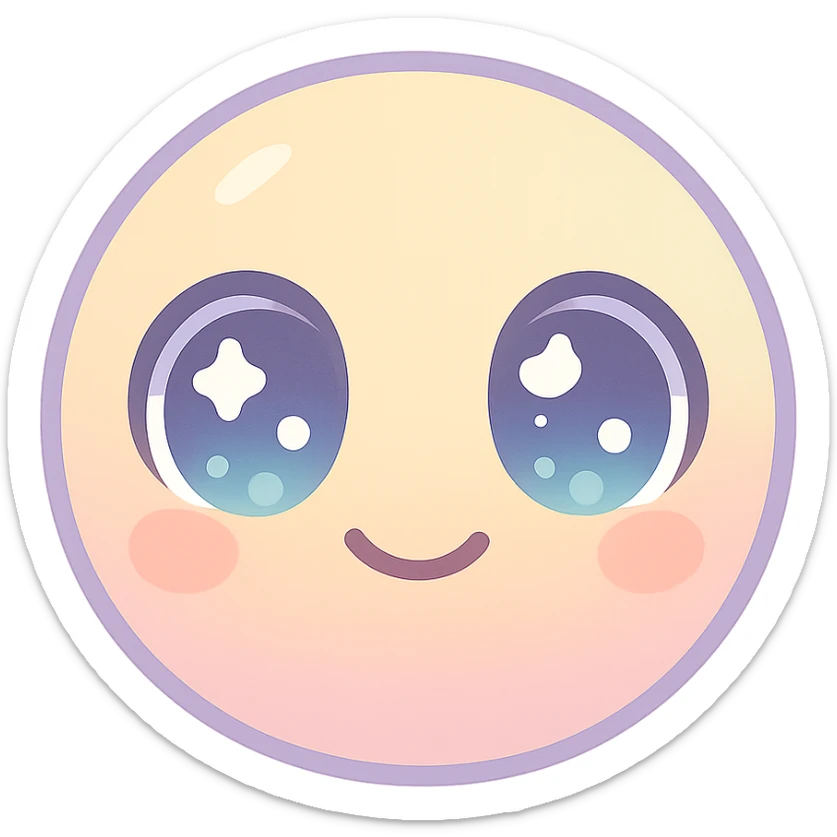 cute emoji, round face, big sparkling eyes, small smile, pastel colors, no background sticker