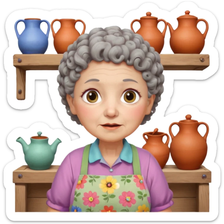 cartoon Apple iOS emoji style rural elderly woman, chubby face, short gray curly hair, flowery blouse, colorful apron, big expressive eyes, pastel colors, Chilean wooden kitchen background, clay pots, warm light, detailed and clean vector art sticker