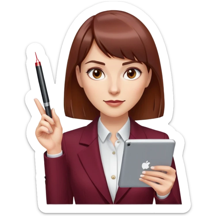 Gender: Female Hair: Sleek chestnut lob cut with blunt bangs Face: Confident smirk, one eyebrow arched higher Clothes: Tailored burgundy blazer, tablet stylus behind ear Action: Laser pointer beam from index finger hitting "Slide 87" sticker