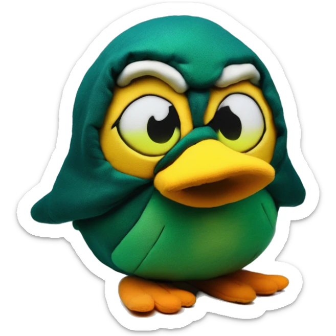 nuclear glow in the dark plushie bird in Uncle Scrooge style, oil paint, mysterious eyes, intricate lips, masterpiece pose, odd perspective, beautiful, desirable, logical sticker