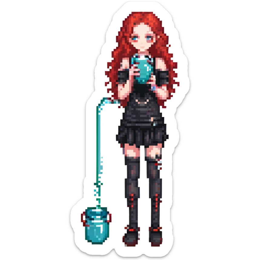 full body goth girl with red curly hair drinking water sticker