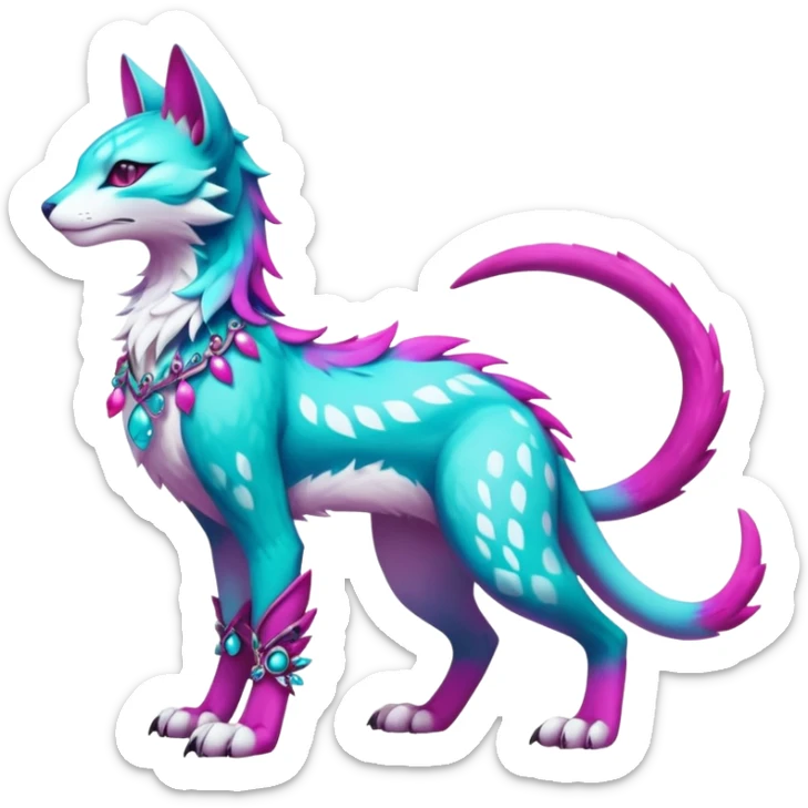 Kawaii colorful iridescent turquoise and magenta and white beautiful pretty elegant divine edgy fantasy feline-vernid-sergal-Fakémon-Pokémon-fursona-animal-creature with accessories, full body, with intricate detailed markings sticker