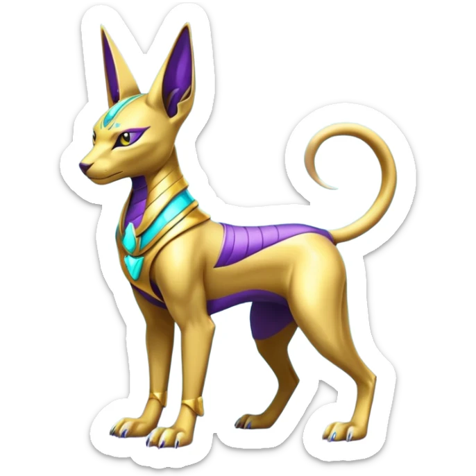 Modern futuristic shiny colorful Anubis-Sphynx-Lombax-Zeraora-Renamon-fusion (full body) sticker