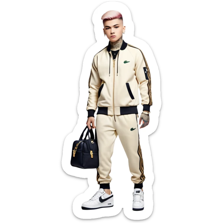 Capelli rasati ai lati con sfumatura, sopra corti e fissati con gel. Look curato e deciso. Indossa tuta firmata (Nike, Adidas, Lacoste, EA7) o jeans skinny, scarpe vistose come Air Force 1. Sempre presenti borsello a tracolla e collana d’oro E tatuaggi d’appertutto a mezzo busto sticker