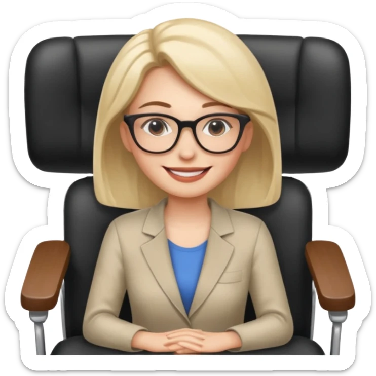 Cartoon faced woman smiling and relaxing and aligned in a chair in office make the face a cartoon character  sticker