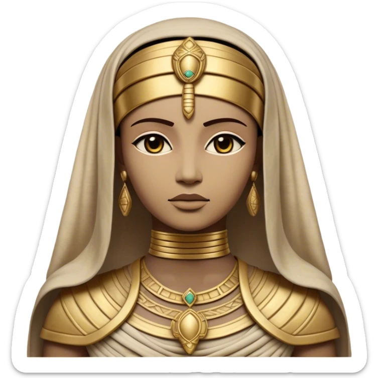 Cinematic Noble Mummy Portrait Emoji, Regal and timeless, with a meticulously wrapped, ancient form in muted earth tones accented by faded gold, exuding an air of forgotten majesty and solemn duty, simplified yet elegant with intricate bandage details, highly detailed and softly glowing, evoking the dignified mystery of an eternal sentinel guarding long-lost secrets! sticker