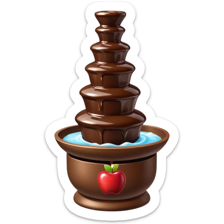 3D render of Chocolate Fountain, made entirely of dessert materials, glistening sugar crystal texture, flowing liquid dark brown chocolate, delicious confectionery aesthetic, Apple emoji style, isolated on white background --v 6.0. sticker