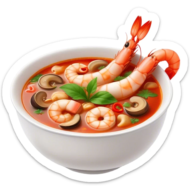 Cinematic Realistic Tom Yam Kung Soup Dish Emoji, showcasing a spicy, sour shrimp soup with herbs and mushrooms rendered with lifelike textures and bold, dynamic lighting. sticker