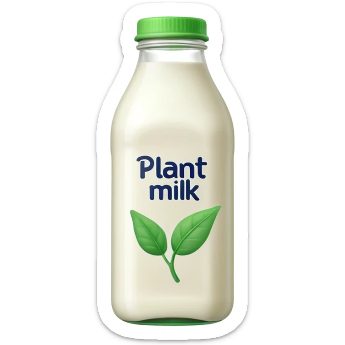 A 3D cartoon bottle of plant-based milk identical to dairy milk, small green tint or leaf mark, Memoji-style. sticker