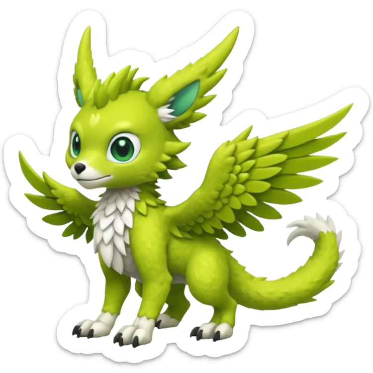 Lime-green furry cute kawaii winged Fakémon-Trico-Scalie-Digimon-Sergal-Protogen-creature (full body) sticker