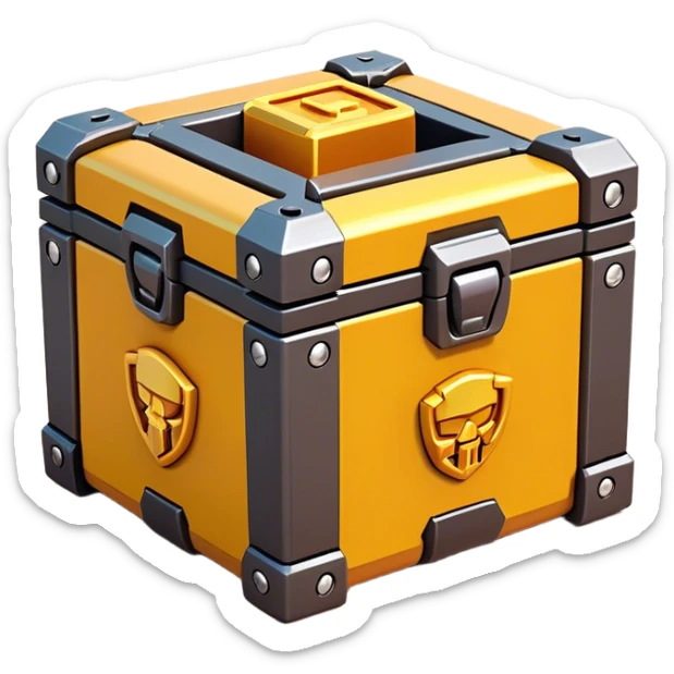 Clash of Clans aesthetic: Cinematic Playful Sci-fi Loot Crate Emoji, rendered in a 3D vector-style similar to standard emojis with minimal shading and bold, simplified shapes. A compact, futuristic storage box with sleek metallic panels and digital accents, softly glowing with a cosmic treasure charm. Simplified yet unmistakably iconic, highly detailed and consistent, glowing with a soft radiant shine and high gloss. Stylized with a touch of intergalactic mystery and a soft glowing outline, capturing the essence of a futuristic reward chest with a friendly, playful allure! sticker