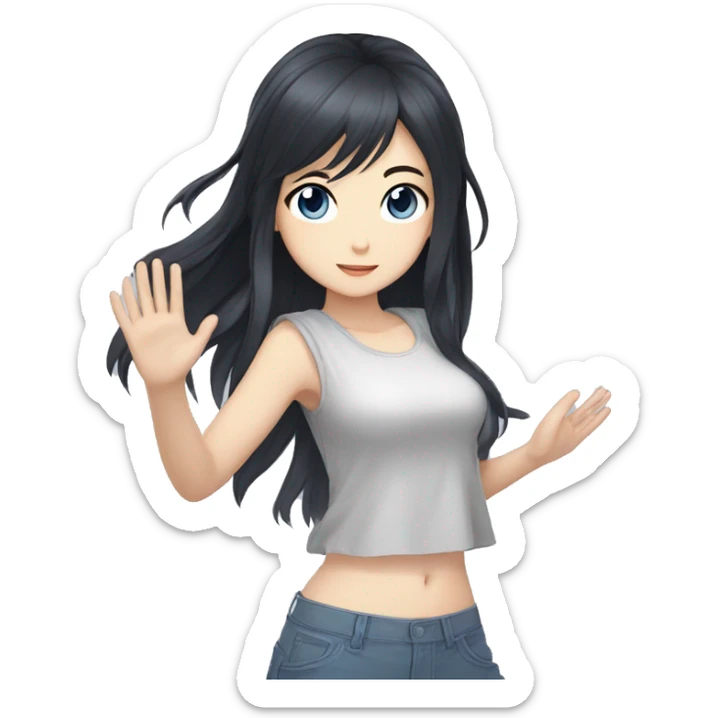 Anime-style girl with black hair down to her belly , gray-blue eyes , waving her hand sticker