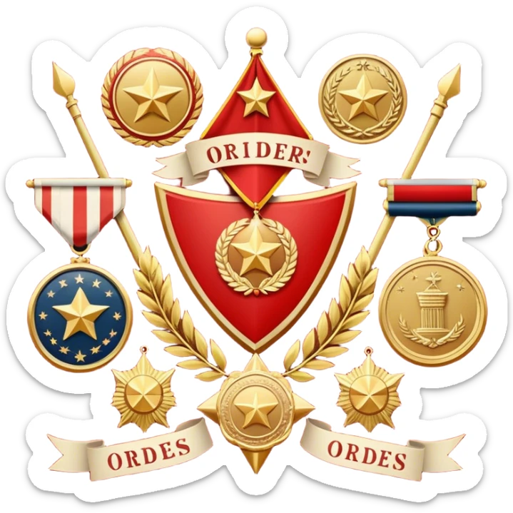 Icon for Collecting Orders, Medals & Badges: a variety of vintage orders, medals and badges, displayed neatly on a big red pennant or in a display case. The icon should reflect the honor and historical significance of these collectible items. Transparent background. sticker