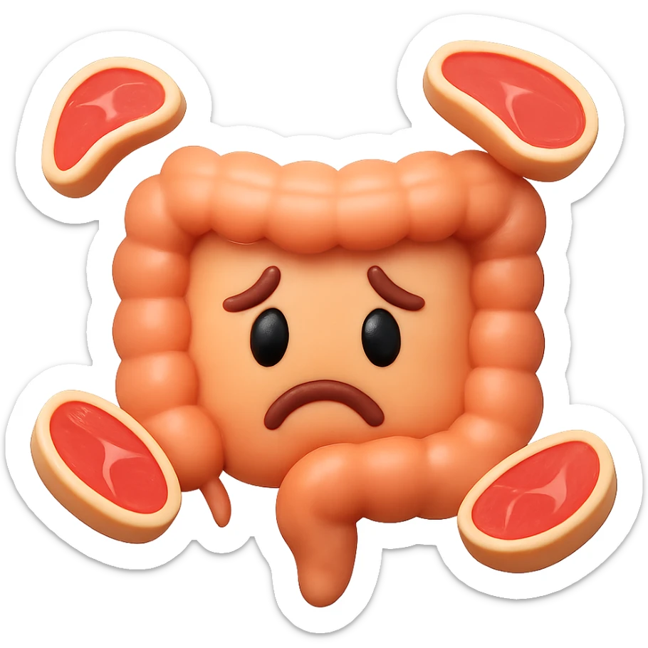 emoji stile iphone in 3d di un intestino triste con fette di carne che gli fluttuano intorno sticker